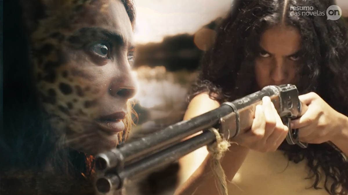 Montagem com Maria Marruá virando onça e Muda apontando a arma para ela em cena da novela Pantanal
