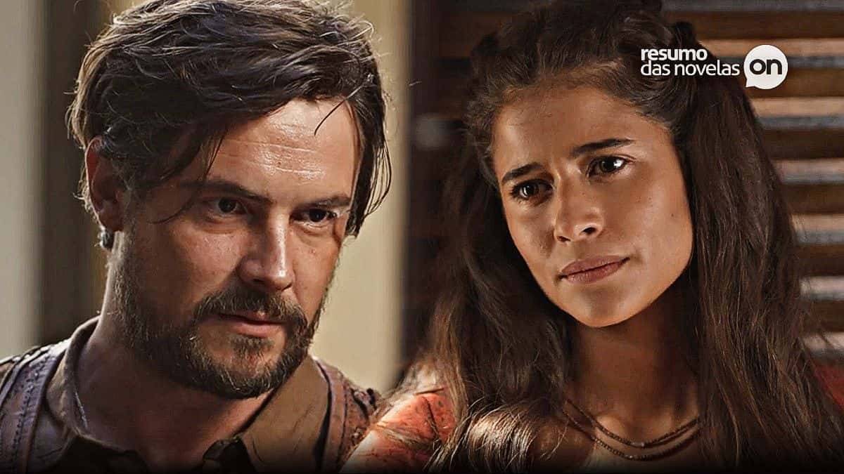 Zé Paulino olha para Candoca, que está desconfiada, em cena da novela Mar do Sertão