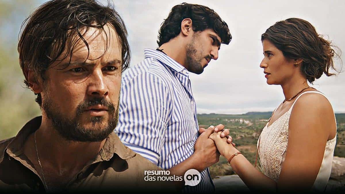 Zé Paulino observando Tertulinho e Candoca de mãos dadas em Mar do Sertão, novela das seis da Globo