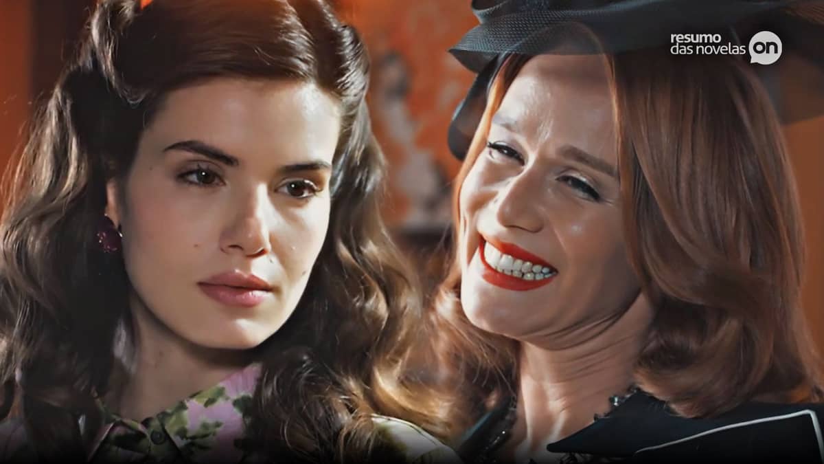 Marê, à esquerda, olhando para Gilda, que sorri de forma provocativa, em Amor Perfeito, novela das 18h, da TV Globo.