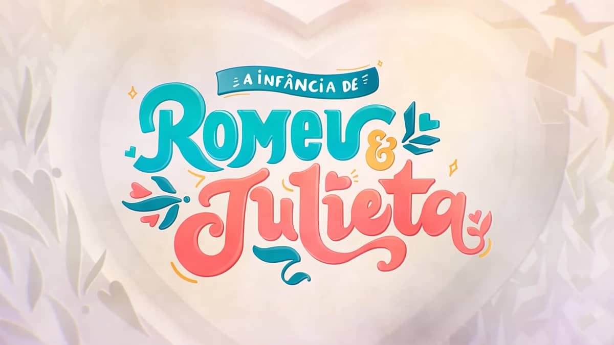 Logo oficial da novela A Infância de Romeu e Julieta. A imagem possui um fundo branco, levemente acinzentado, com um coração; o nome "Romeu" aparece em verde claro, e o nome "Julieta" aparece na cor laranja.