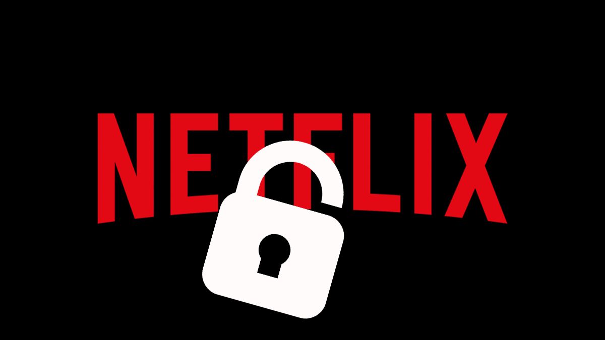 Logotipo da Netflix em vermelho, sob um fundo preto. Na imagem aparece também um cadeado aberto.