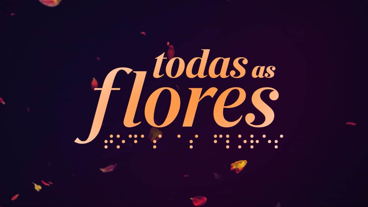 Logo oficial da novela Todas as Flores. Na imagem, o fundo é um violeta escuro, com o nome da novela em laranja.