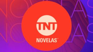 Logo do TNT Novelas, nas cores vermelho, lilás, bege e roxo