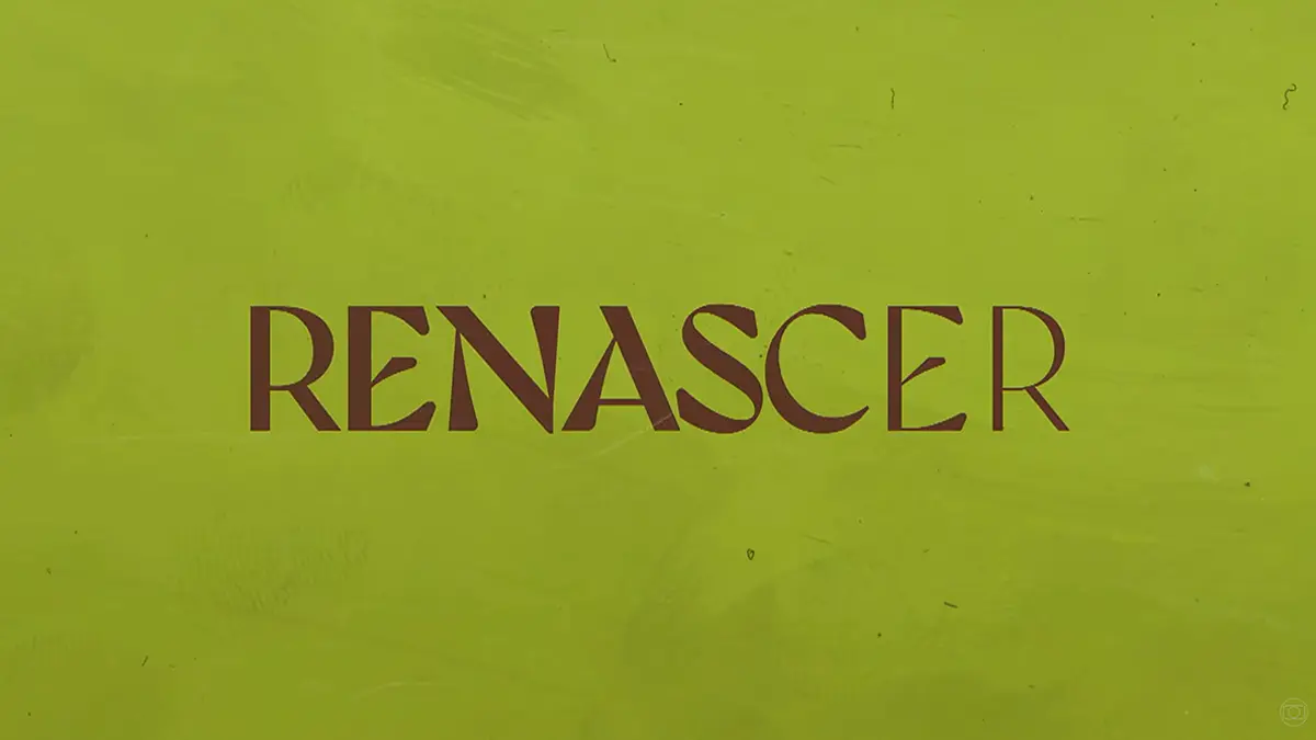 Logo do remake da novela Renascer. O fundo é na cor verde claro, com o nome da novela em marrom.
