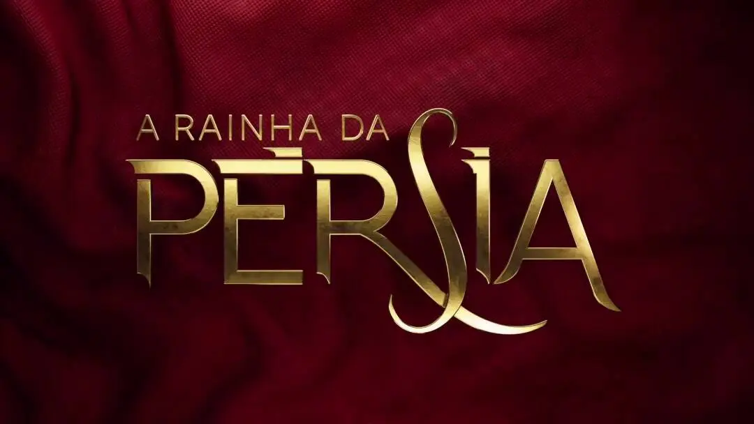 Logo da novela "A Rainha da Pérsia". Fundo com textura de tecido, na cor vinho, com destaque para "Pérsia", com as letras douradas.